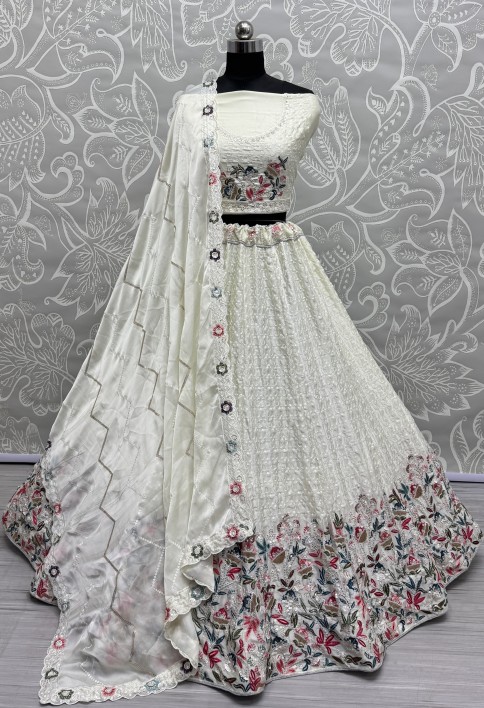 Beautiful Flower Pattern White embroidery and Thread work design Partywear Lehengacholi 